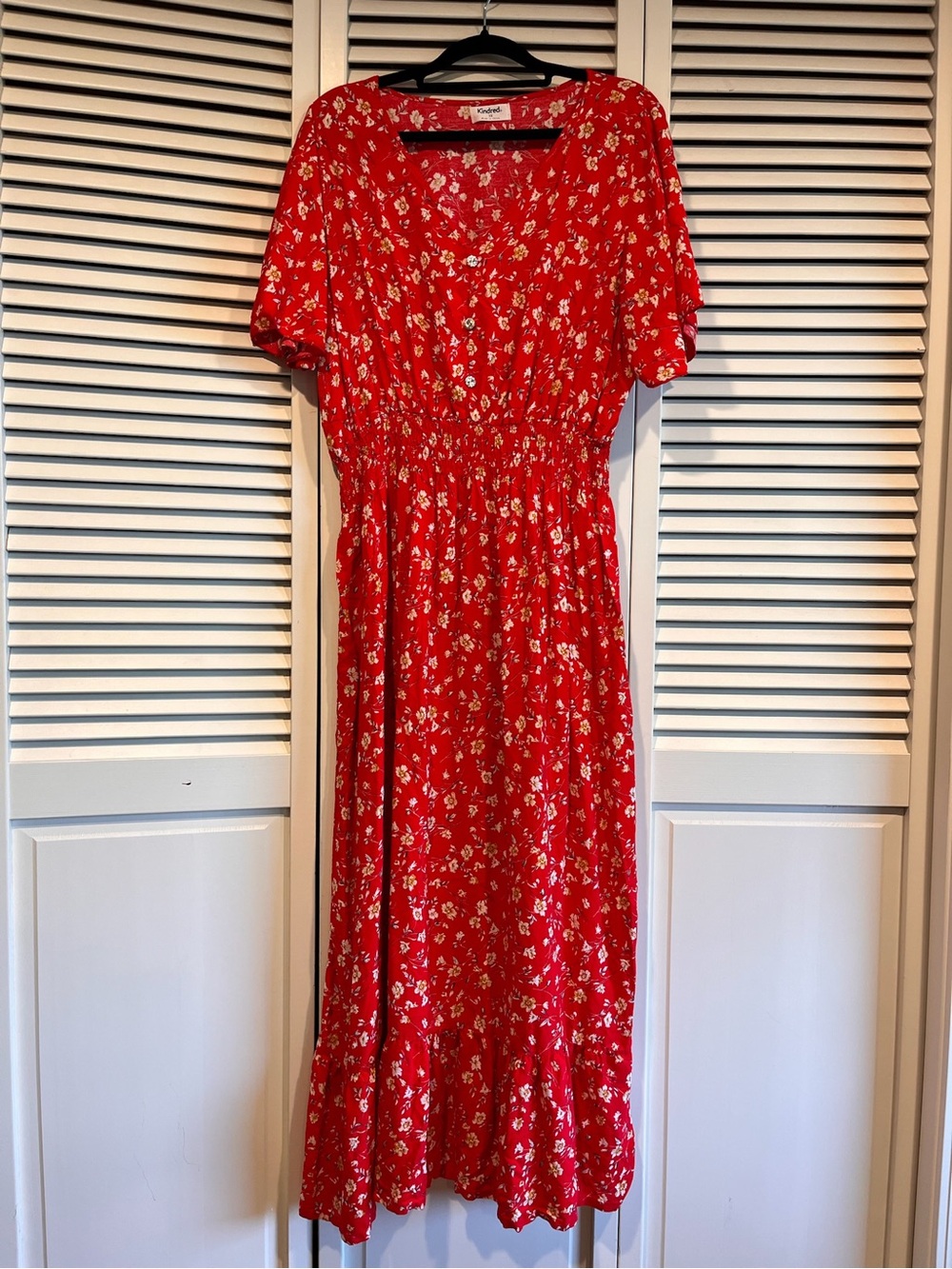 Kindred Red Floral Maxi Dress with Smocked Waist and V-Neck